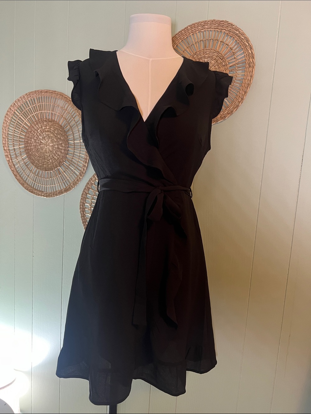 Sleeveless Black Ruffle Wrap Mini Dress with Tie Waist